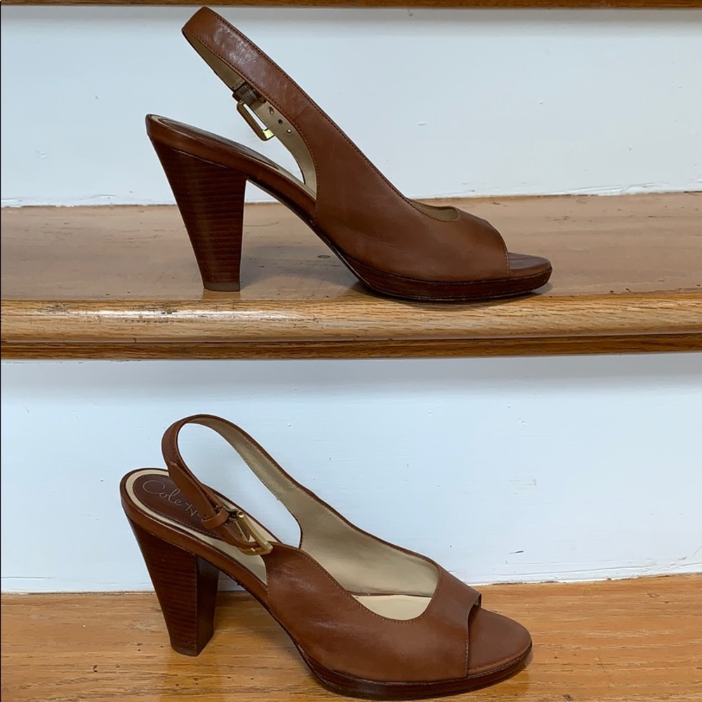 Cole Haan open toe sling back caramel brown 4”heel